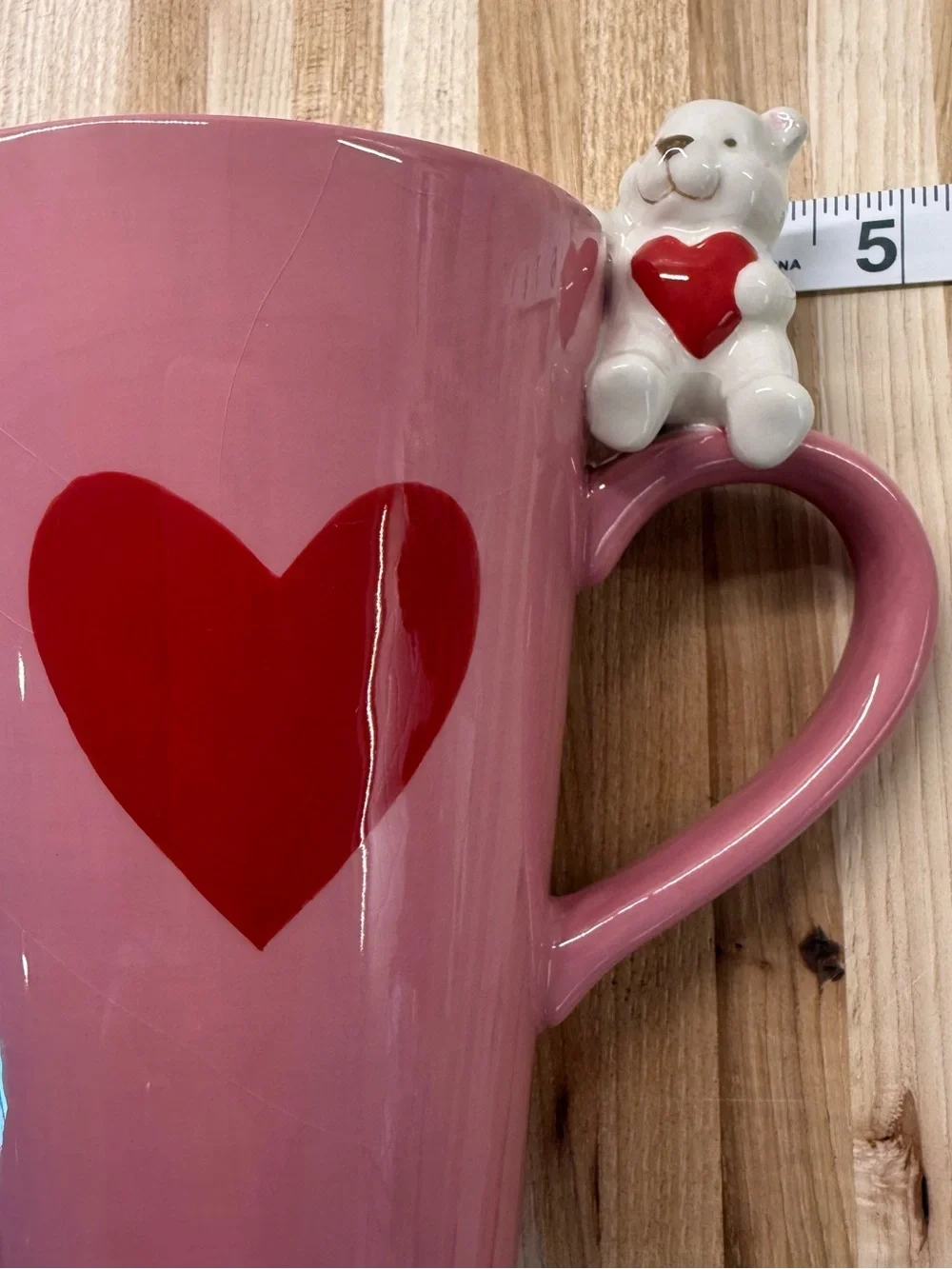 Valentine's Pink Ceramic Heart Mug with White Bear Handle 16oz